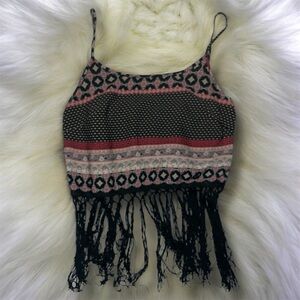 Event Boho Fringe Cropped Cami Top - Black & Red Geometric Print size s/m